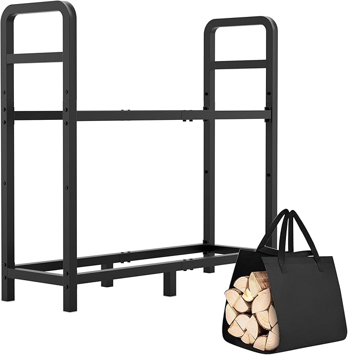 2-Tier Large Firewood Rack Outdoor Indoor with Log Carrier Bag, 30" Stable Log Holder Rustproof Metal Wood Rack for Fireplace Patio Deck Firepit, Heavy Duty Firewood Storage Organizer Tool