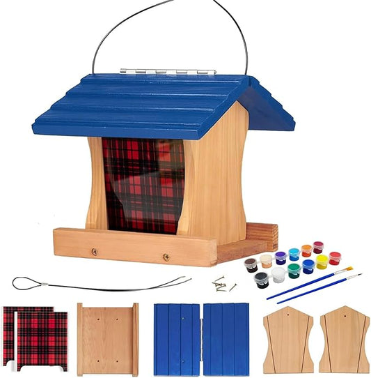 Ranch Hopper Bird Feeders for Outside Extra Thickness 13/16", Bird Feeder Kit for Kids to Build - Alaskan Red Cedar Wood Birdhouse Building with Hanging Cable, Paints and Brushes -Patented