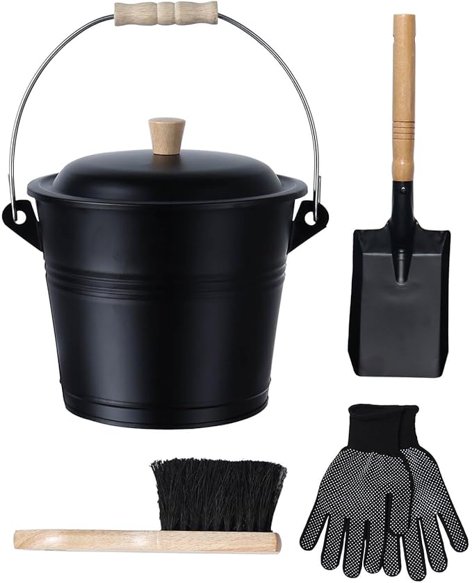 vensovo 1.5 Gallon Ash Bucket with Lid - Shovel, Broom, and Gloves, Heavy Duty Galvanized Iron, Fire-Resistant, Black Finish Perfect for Fireplaces, Fire Pits
