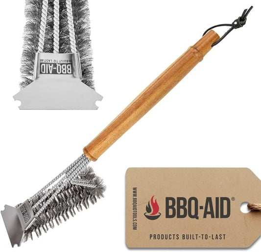 BBQ-AID All Angles BBQ Grill Brush for Outdoor Grill โ Cleans All Angles, Large Wooden Handle, and Stainless Steel Bristles - BBQ Brush for Grill Cleaning โ Grill Cleaner Brush Safe for BBQ and Grill
