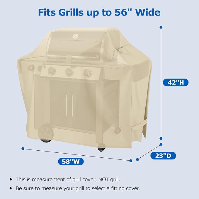 SunPatio Grill Cover 58 Inch, Heavy Duty Waterproof Barbecue Cover, Outdoor Charcoal Gas Grill Protector, All Weather Protection Compatible for Weber Char-Broil Nexgrill Kenmore and More, Beige