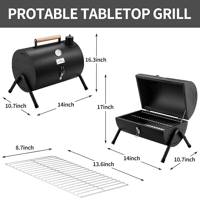 Portable Charcoal Grill, Tabletop Outdoor Barbecue Smoker, Small BBQ Grill for Outdoor Cooking Backyard Camping Picnics Beach by DNKMOR BLACK