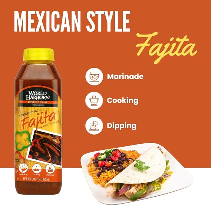World Harbors Mexican Style Fajita Marinade Pure Mexican Flavors | Perfect for Fajita Meat, Fajita Chicken, and Fajita Veggies. Grill Master's Secret for Fajitas Made in USA 16-Fl Oz (Pack of 2)