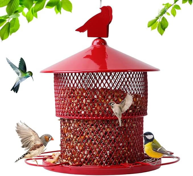 Metal Bird Feeder for Outside Hanging, Bird Feeders Squirrel Proof, 4 Lbs Large Capacity Tube Iron Mesh Wild Birdfeeder for Outdoor Finch Cardinal Chickadees -Red