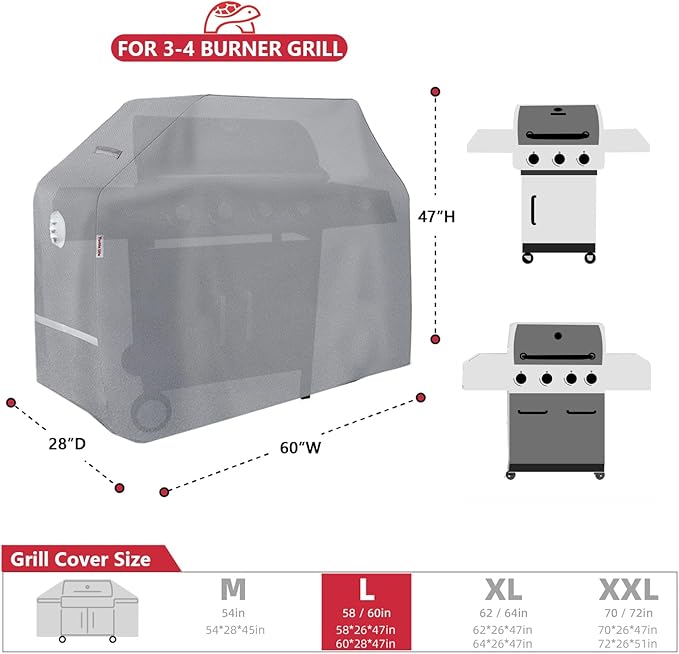 Turtle Life BBQ Grill Cover, 60 Inch Heavy Duty Waterproof 3-4 Burner Barbecue Gas Grill Covers for Weber Genesis Char-Broil Brinkmann, Gray