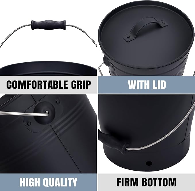 INNO STAGE Ash Bucket with Lid and Wood Handle Coal Shovel, Ash Carrier Pail Fireplace Tools,Fire Pit,Wood Burning Stove Black