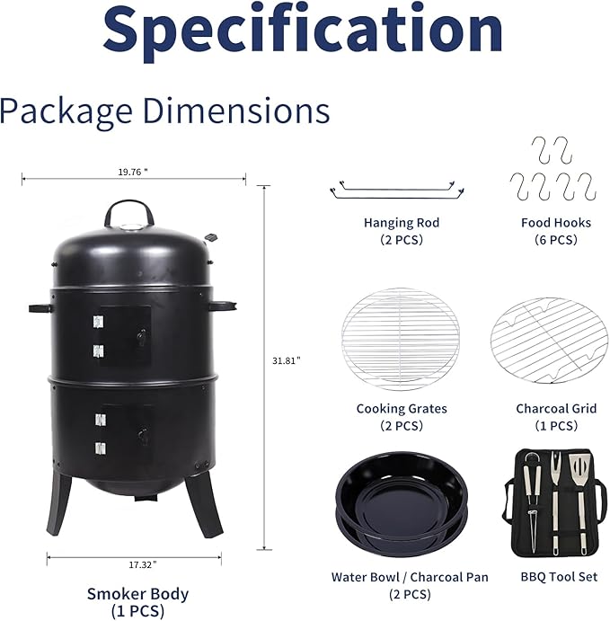 16 inch Vertical Charcoal Smoker, Mini BBQ Grill, Fire Pit, 3-in-1 with Built-in Thermometer, Adjustable Air Vent, Idea for Parties, Backyard, Patio, Camping