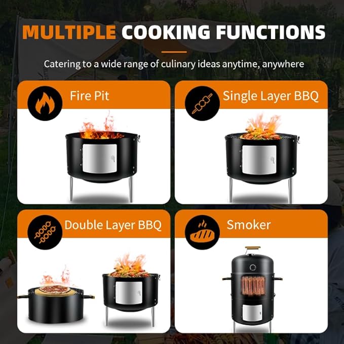 17-1/2" 3-IN-1 BBQ Smoker Grill Built in Thermometer, Air Vent and Access Doors, Multi-Layer Meat Smoker Grill with 3 Bamboo Handles, Idea for Parties, Backyard, BBQ