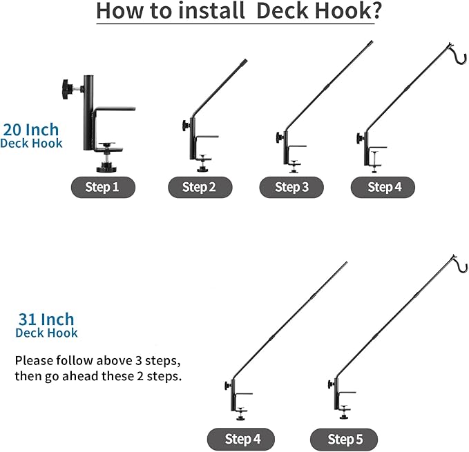 2 Pack Heavy Duty Deck Hook, 31 Inch Extended Adjustable, 360° Rotatable Arm Solid Rod, Solid Steel Deck Hangers for Hanging Bird Feeders, Plants, Planters, Suet Baskets, Lanterns, Wind Chime