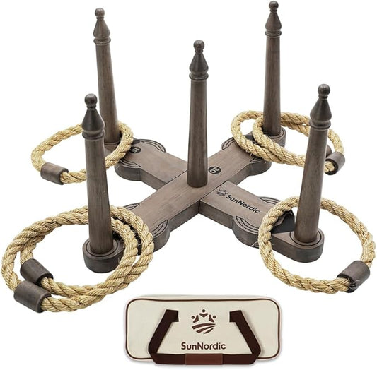 Wooden Ring Toss Game Set, Backyard Beach Camping Game with Toss Rings & Portable Carrying Bag, Outdoor Lawn & Yard Games for Kids, Adults & Family