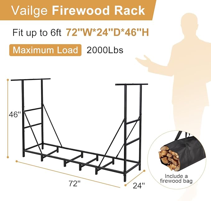Vailge Firewood Rack Outdoor 6FT with Waterproof Firewood Carrier Bag, Adjustable Heavy Duty Steel Firewood Holder Storage, Log Rack for Fireplace, Fire Pit, Backyard, Camping