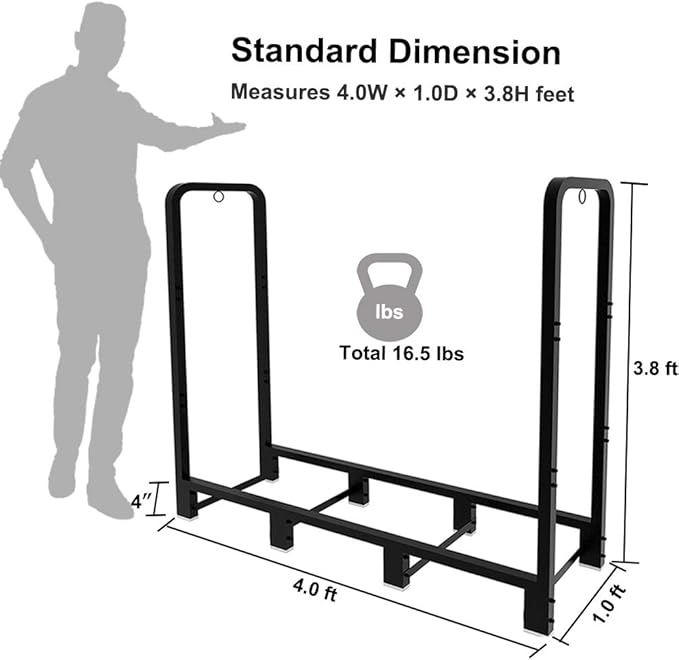 Artibear 4ft Outdoor Firewood Rack, Upgraded Adjustable Heavy Duty Logs Stand Stacker Holder for Fireplace - Metal Lumber Storage Carrier Organizer, Bright Black