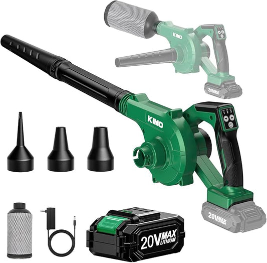 K I M O. Cordless Leaf Blower and Vacuum Combo 4 In 1, 3 Nozzles for Inflation and Deflation, 190MPH, Control Panel with 3 Speed,20 Inch Extended Tube, 2.0Ah Battery Powered Leaf Blowers for Lawn Care