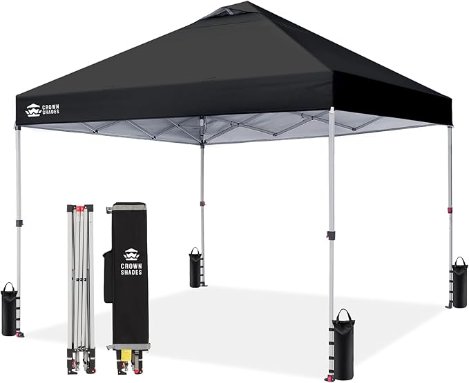 CROWN SHADES 10x10 Pop Up Canopy - Beach Tent with One Push Setup - Easy Outdoor Sun Shade for Events, Parties, Camping - Gazebo with STO-N-Go Cover Bag, Silver Coated Top, Black