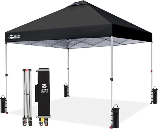 CROWN SHADES 10x10 Pop Up Canopy - Beach Tent with One Push Setup - Easy Outdoor Sun Shade for Events, Parties, Camping - Gazebo with STO-N-Go Cover Bag, Silver Coated Top, Black