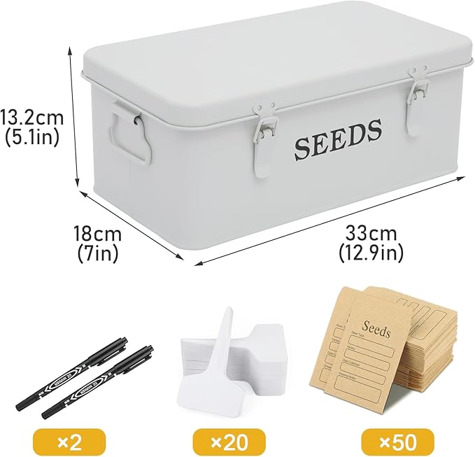 Seed Storage Organizer, 4 Compartment Seed Storage Box with Safety Lock, Metal Seed Box Container with 2 Pens, 20 Plant Labels and 50 Seed Envelopes for Seed Packet & Small Garden Tool, White