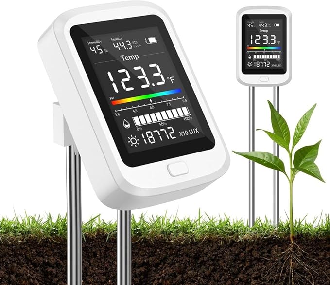 6-in-1 Soil Test Kit for Gardening Deals, 2025 Rechargeable Digital pH Meter/Temperature/Sunlight/Fertility/Environmental and Soil Moisture Meter with LCD Display for Indoor/Outdoor Plants