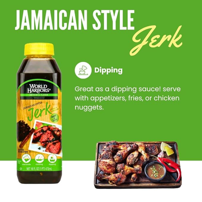 World Harbors Jamaican Jerk Sauce Sweet & Spicy Marinade for Jamaican Jerky Seasoning Chicken, Sirloin, Shrimp Jerk Seasoning Jamaican Style - Flavors for Dipping, Glazing 16 oz (Pack of 2)