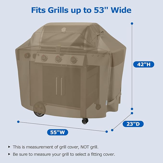 SunPatio Grill Cover 55 Inch for Outdoor Grill, Heavy Duty BBQ Cover with Waterproof Sealed Seam, FadeStop Material, All Weather Resistant Compatible for Weber CharBroil Nexgrill and More, Taupe