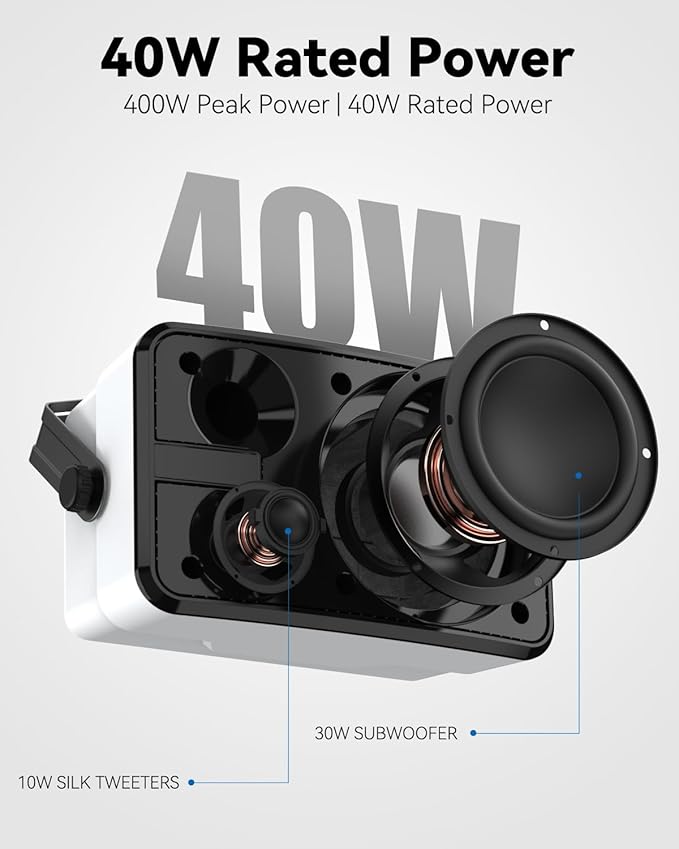 400W Outdoor Bluetooth Speakers, Wireless Sync Between Speakers, IPX5 Waterproof, Powerful Bass, Wall Mount for Patio, Porch, Gazebo, Garage, 2-Pack, White(MZ-621)