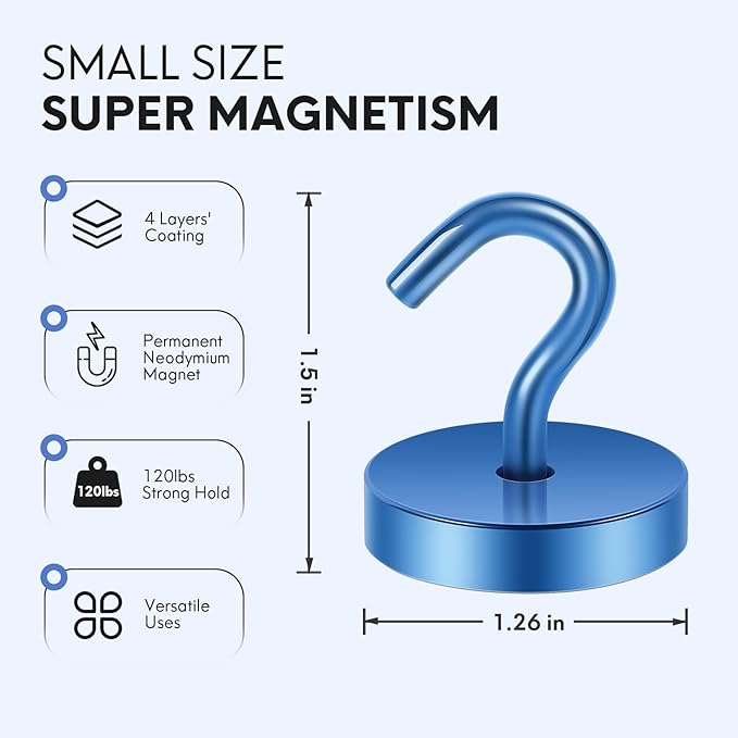 Neosmuk Magnetic Hooks, Cruise Ship Essentials, 120lb+ Heavy Duty Magnetic Hooks for Cruise Cabins, Refrigerator, Grill, Hanging, and Travel | Extra Strong Must-Haves Magnet Hook,Navyblue, Pack of 10