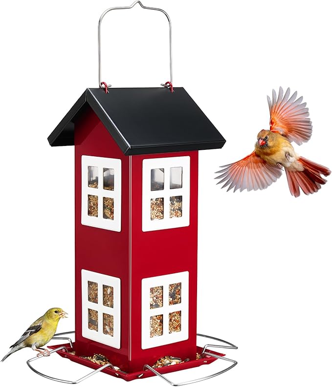 Veehoo Bird House Feeders for Outdoors Hanging-Metal Wild Bird House Feeders with 4 Ports, Country House Design, Garden Yard Decor Hanging Bird Feeder for Outside, Large Capacity, Red