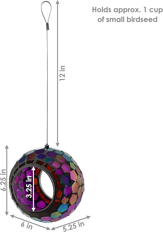 Sunnydaze 6-Inch Glass Mosaic Hanging Bird Feeder for Outdoors - Fly-Through Wild Bird Feeder - Iridescent Purple Mosaic