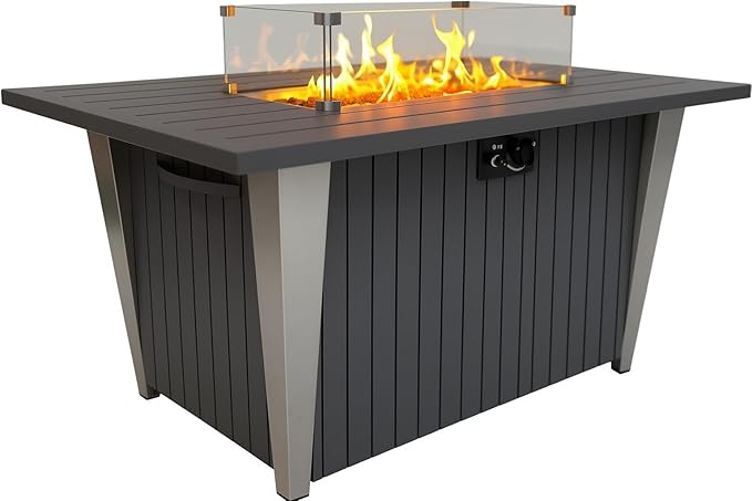 52 Inch Gas Fire Pit Table, 50,000 BTU Propane Pits for Outside with Steel Lid and Lava Rock, 2 in 1 Firepit Table Gatherings Parties on Patio Deck Garden Backyard