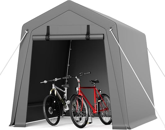 Garvee 6'x8' Outdoor Portable Storage Shed, Waterproof & UV-Resistant Garage Shelter with 2 Roll-Up Zipper Doors, Anti-Snow Carport Tent for Motorcycle, Bike, and Outdoor Equipment, Gray
