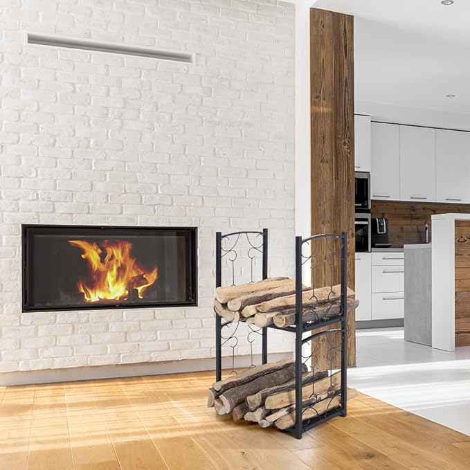 PHI VILLA 2-Layer Firewood Rack Heavy Duty Double-Layer fireplace wood holder Sorting Storage Rack for Outdoor Indoor Decoration