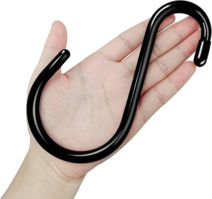 12 Pack S Hooks Heavy Duty Vinyl Coated Large S Hooks 6 inch Non Slip 7mm Thickness S Hooks for Hanging Plants,Sturdy Metal Black S Hooks for Closet,Bird Feeders,Kitchen,Tools,Bikes