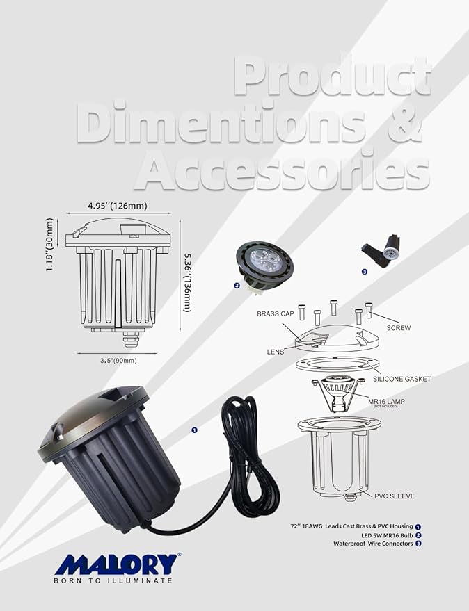 MALORY Brass Top Cover Landscape Well Lights,(5‘’H 12V Low Voltage Outdoor In Ground Lights,Landscape Lighting for Pathway, Driveway and Garden (Three-Direction Turret, 4-Pack with Bulb)