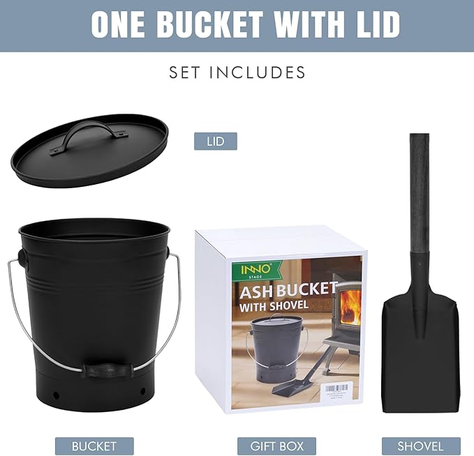 INNO STAGE Ash Bucket with Lid and Wood Handle Coal Shovel, Ash Carrier Pail Fireplace Tools,Fire Pit,Wood Burning Stove Black