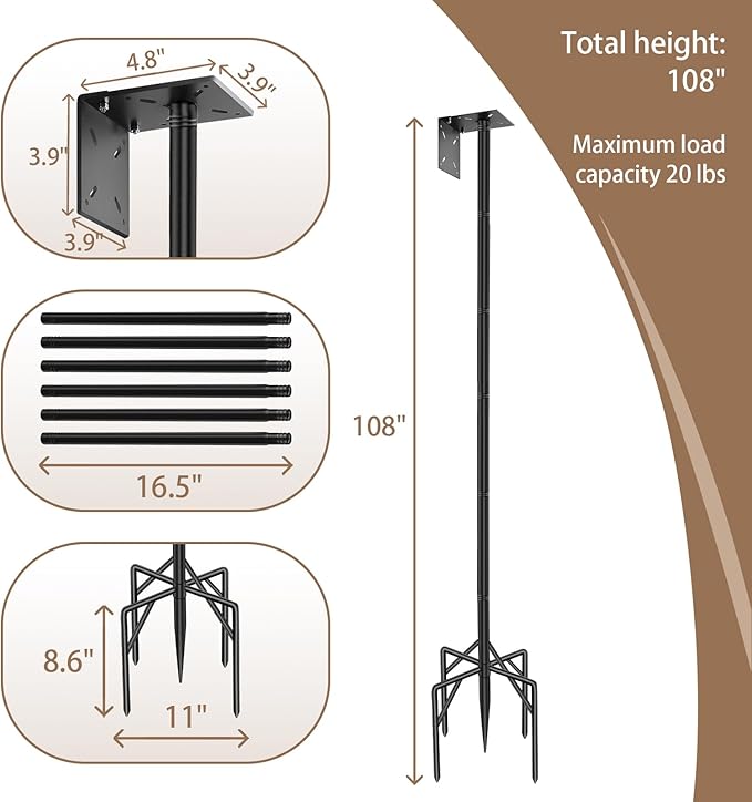 108 Inch Heavy Duty Birdhouse Pole Stand with Reinforced 5-Prong Base – Rustproof Birdhouse Stand for Bluebird Houses, Smart Bird Feeders & Weather Stations for Backyard, Patio, Garden, Lawn