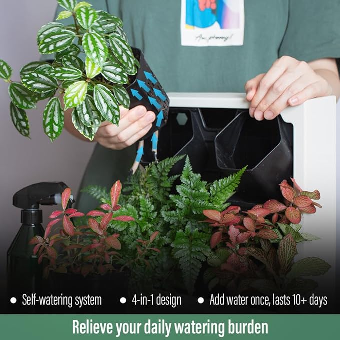 Self Watering Wall Planter with 4 Pots - Easy to Create Indoor Living Wall for Home, Office and Shop Front - Includes Water Gauge (White)