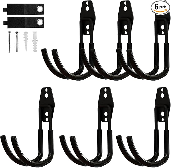 Garage Hooks, 6 Pack Large Round Wall Hooks for Hanging Heavy Duty Ladders, Bikes, Tools Ideal for Garage, Garden, Basement Utility Room Storage (Black)