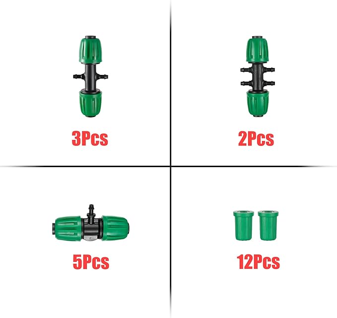 Barbed Tee Connector,1/2" to 1/4" Drip Irrigation Fittings 1/2" to 1/4" Drip Line Reducer Tee Connectors,3/4/6-Way Splitter Connectors with End Plug for Garden Irrigation System