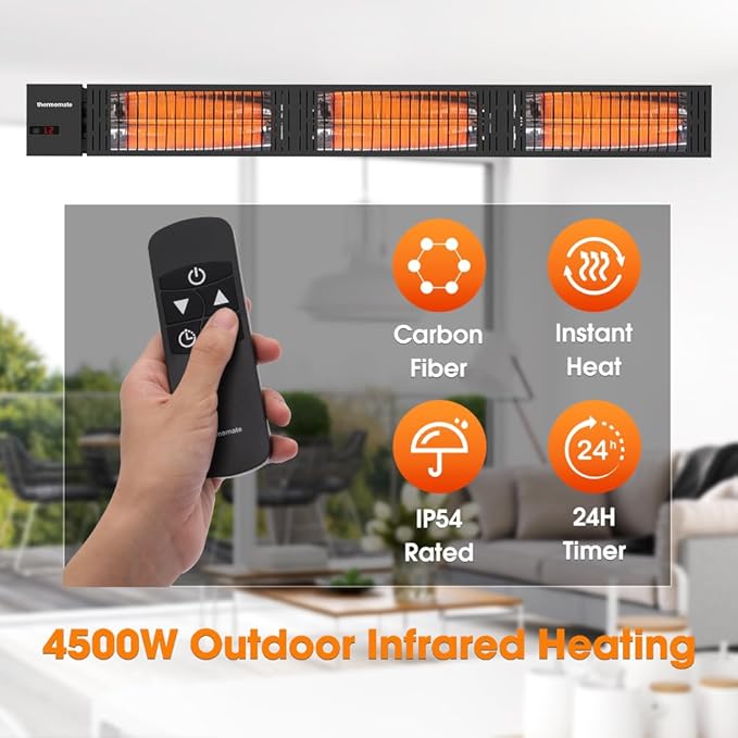 ThermoMate Infrared Outdoor Patio Heater, 4500W Carbon Fiber Heating for Porch, Deck, Garage with Remote 24 Hours Timer, Hard Wired 240V