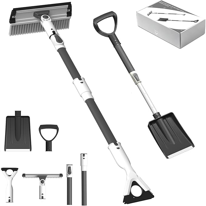 Car Snow Brush and Ice Scraper, 3-in-1 Extendable Snow Shovel with Wide Head Snow Shovel and Ice Scraper 180° Pivoting Snow Brush Head for Car Windshield, Durable Snow Remover with Foam Grip