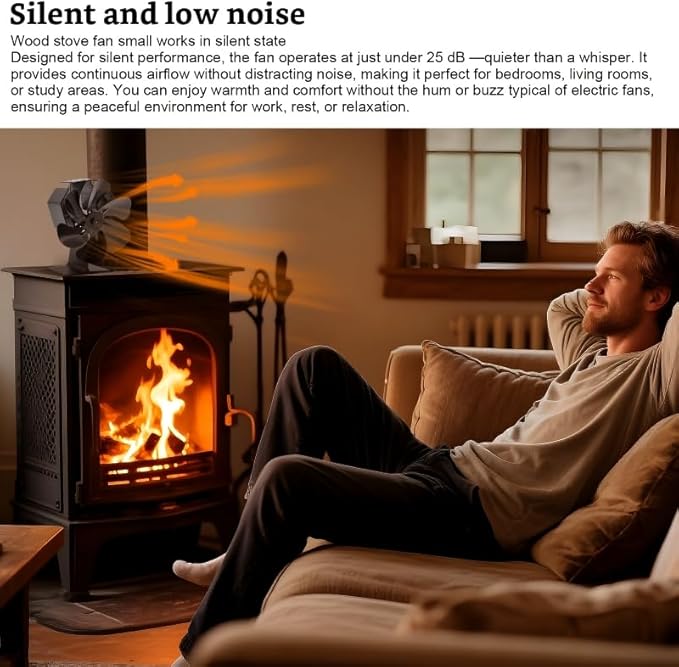 Wood Stove Fan Heat Powered, 6-Blade Thermoelectric Non-Electric Silent Operation Aluminum Fireplace Fan With Bracket Fixed On Propane Heater For Pellet Stoves Camping/Picnics/Indoor/Outdoor Black