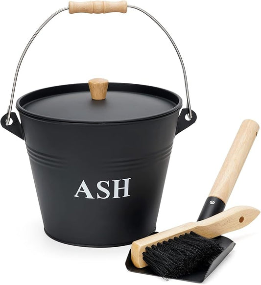 Mini Ash Bucket with Lid, Shovel and Broom, 1.5 Gallon Fireplace Metal Bucket with Lid, Charcoal Bucket and Ash Can for Fireplace, Fire Pits, Hearth, Wood Burning Stoves, Indoor and Outdoor