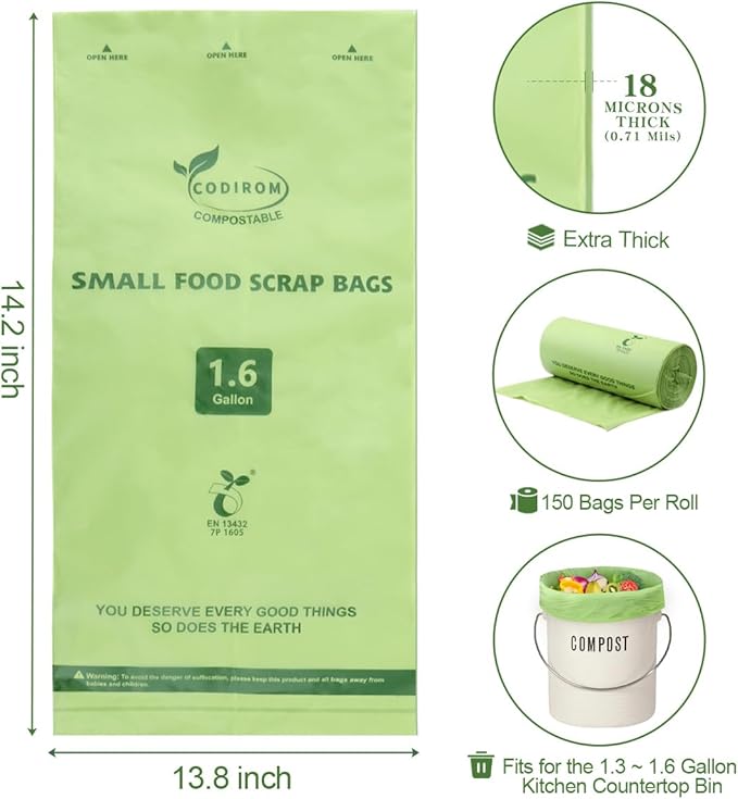 100% Compostable 1.6 Gallon Trash Bags, 6 Liter, 150 Count Kitchen Food Scrap Small Compost Bags for Countertop Bin with Europe EN13432 Certified