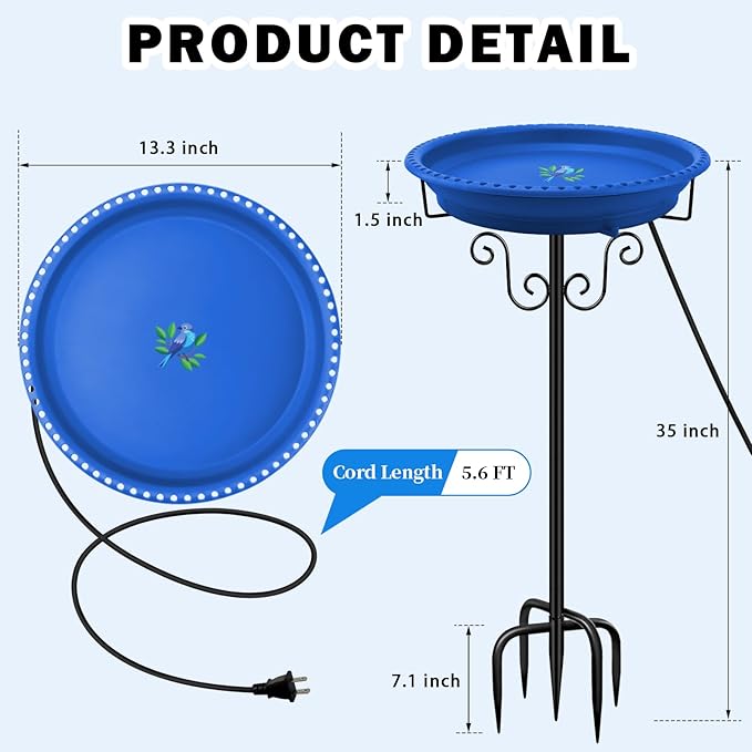 Heated Bird Baths for Outdoors for Winter, Lovppy 100W Heated Bird Bath Water Heater with Thermostatically Controlled, Heated Bird Baths Bowl with Metal Stake for Outside Garden Patio Yard (Blue)