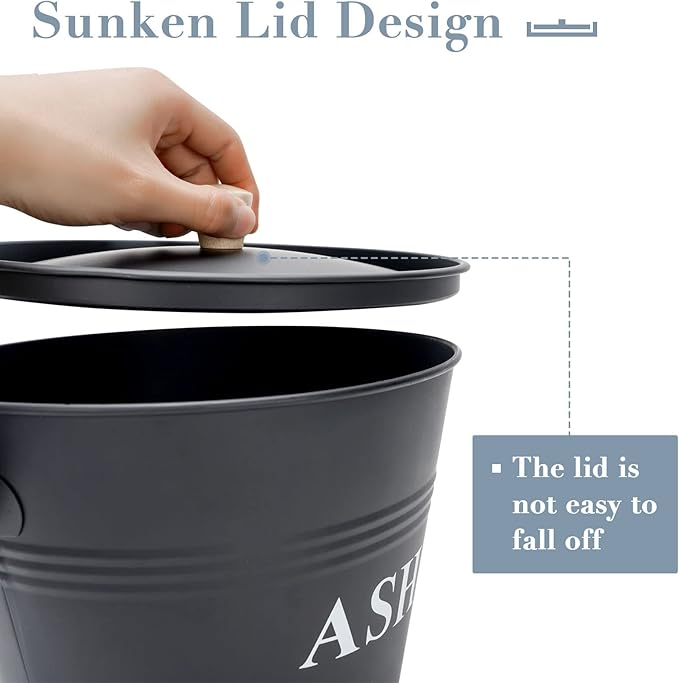 Mini Ash Bucket with Lid, Shovel and Broom, 1.5 Gallon Fireplace Metal Bucket with Lid, Charcoal Bucket and Ash Can for Fireplace, Fire Pits, Hearth, Wood Burning Stoves, Indoor and Outdoor