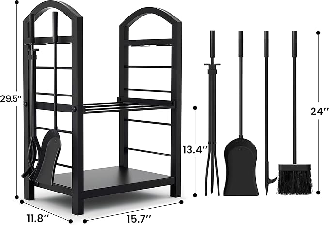 AMAGABELI GARDEN & HOME Firewood Rack Indoor with Tools 5-Piece Fireplace Tools Set Wood Holder Outdoor Wrought Iron Log Holder Heavy Duty Firewood Storage Rack for Fireplace,Fire Pit,Wood Stove Black