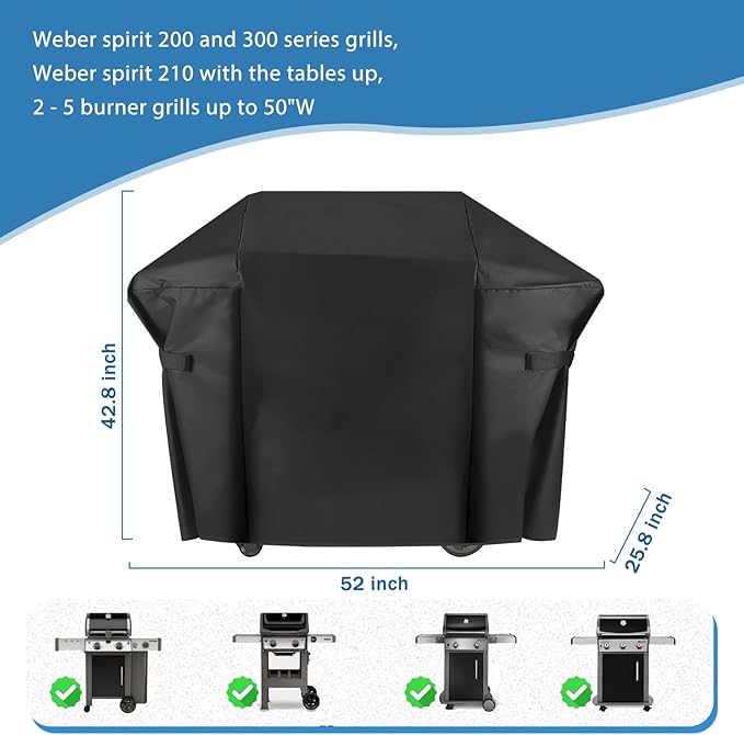 Grill Cover for Weber Spirit 200 and 300 Series for Outdoor Grill, 52 Inch 600D Waterpoorf BBQ Cover, Waterproof Weber 7106 Fade Resistant Barbecue Cover