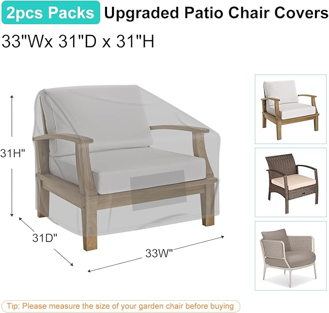 Patio Chair Covers for Outdoor Furniture Waterproof 2 Pack, Lawn Chair Covers 600D Heavy Duty Oxford Cloth, Large Covers for Lounge Lawn Deep Seat 33" W x 31" D x 31" H-Gray