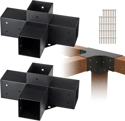 VEVOR Pergola Bracket Kit 4''x4''(Inner Size 3.6x3.6), 2pcs 4-Way Heavy Duty Corner Bracket Woodworks DIY Post Base Kit, Easy Installation Wooden Beams for Gazebos, Patio Pergolas, Log Cabin