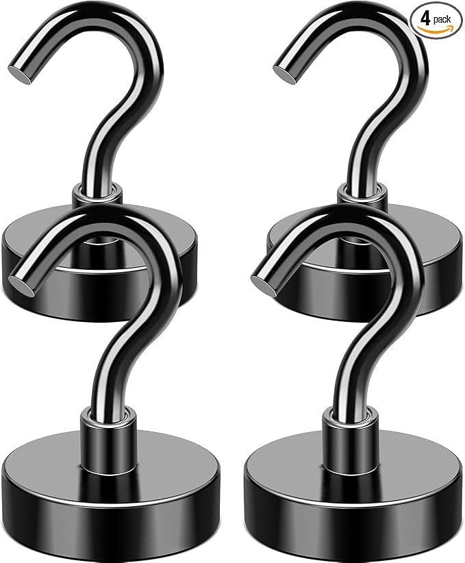 MIKEDE Magnetic Hooks, 40LB+ Heavy Duty Magnet Hooks for Cruise Cabins, Super Neodymium Hanging Hooks Black Strong Magnets with Hook for Fridge, Magnetic Hanger for Grill, Toolbox - Pack of 4