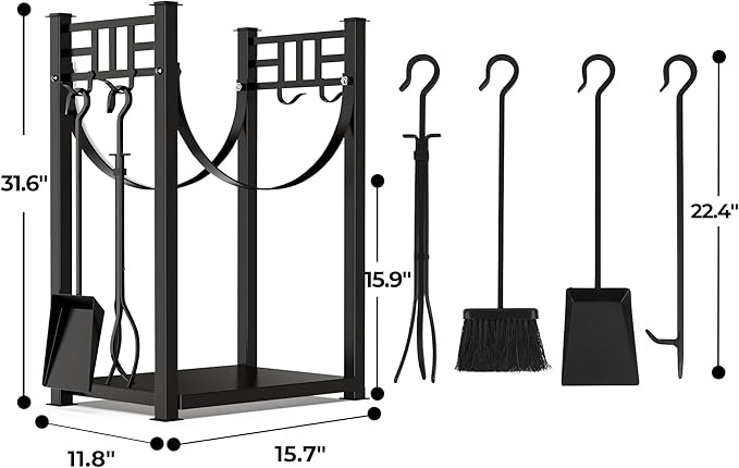 AMAGABELI GARDEN & HOME 31.6in Large Firewood Rack Fireplace Tools Set Wood Holder Indoor log Rack With Tools Tall for Wood Stove Firepit Campfire Storage Stacking Wrought Iron Accessories Outdoor